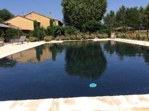 Una piscina con agua azul en un patio. en La bergerie de Castellan, en Verquières