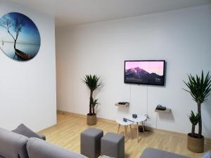 a living room with a couch and a tv on a wall at Résidence Dalimier #hypercentre# in Corbeil-Essonnes