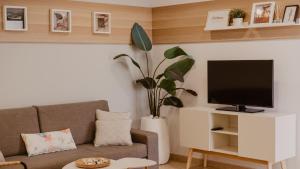 sala de estar con sofá y TV de pantalla plana en La Pardela Experience Apartamentos, en Caleta de Sebo