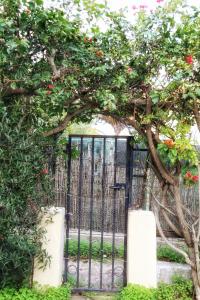 a black gate with a tree with red roses at Villa marina by Alessandro DelMar in Costa Rei