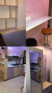 dos imágenes de una cocina con una barra y un taburete en KM 0 Residence, en Piatra Neamţ