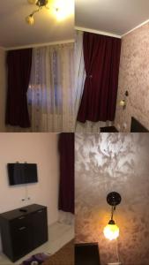 a collage of photos of a room with a television and red curtains at KM 0 Residence in Piatra Neamţ