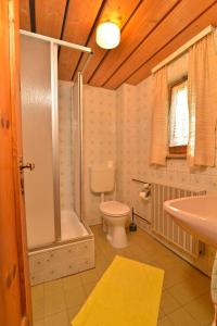 uma casa de banho com um WC, um chuveiro e um lavatório. em Ferienwohnung Waldheimat 2 em Bayerisch Eisenstein