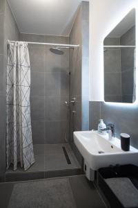 ein Bad mit einem Waschbecken und einer Dusche mit einem Spiegel in der Unterkunft Gemütliches Appartment südlich vom Wöhrder See in Nürnberg