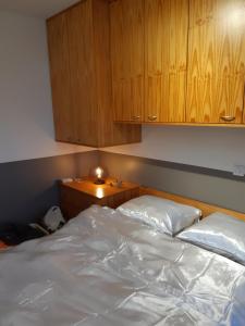 ブレーデネにあるapartementのベッドルーム1室(ベッド1台付)、木製キャビネットが備わります。