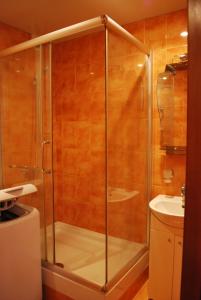 um chuveiro com uma porta de vidro na casa de banho em Аппартаменты на проспекте Александра Поля Кирова 127 em Dnipro