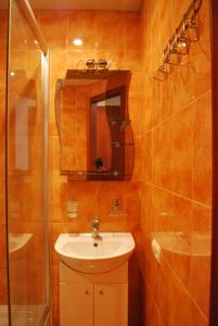 uma casa de banho com um lavatório e um chuveiro em Аппартаменты на проспекте Александра Поля Кирова 127 em Dnipro