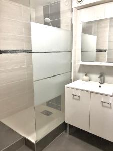 La salle de bains blanche est pourvue d'un lavabo et d'une douche. dans l'établissement L Appart Eurexpo & Groupama Stadium 10', à Genas