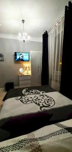 Un dormitorio con una cama y un televisor en una pared. en Apartamenty SOFIJA Deluxe Centrum, en Zielona Góra