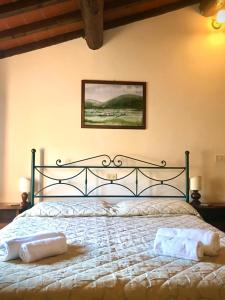 蒙塔约内2-BR 1 bath abode with 2 AC units in the Chianti hills!的一间卧室，有一张大床，床上有毛巾