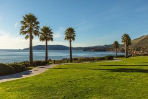 - une vue sur un parcours de golf avec des palmiers et l'océan dans l'établissement Candlewood Suites Santa Maria, an IHG Hotel, à Santa Maria