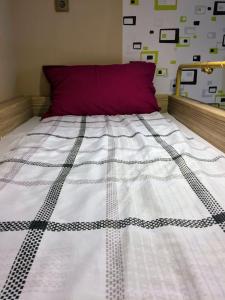 a bed with a black and white quilt and a red pillow at Vörösmarty tér Apartman in Székesfehérvár