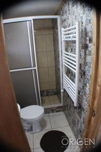 a bathroom with a toilet and a glass shower at Hostal Origen Patagonia in Punta Arenas