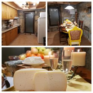 a kitchen and a dining room with a table with glasses of champagne at Casa Frade in Sabugueiro