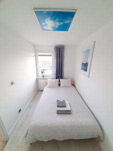 a bedroom with a large bed with a skylight at Apartment near Old Town - Długie Ogrody in Gdańsk