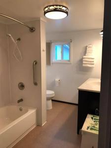 uma casa de banho com uma banheira, um WC e um lavatório. em Zachar Bay Lodge em Kodiak