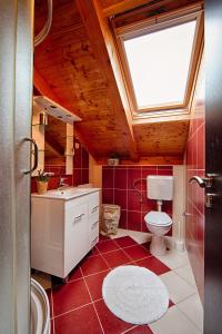 a bathroom with a toilet and a skylight at Guesthouse Ksenija in Komiža