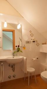 een badkamer met een wastafel, een spiegel en een toilet bij Angerburg Blumenhotel in Appiano sulla Strada del Vino