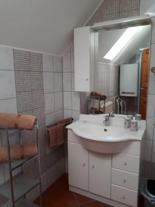 W łazience znajduje się umywalka i lustro. w obiekcie Dorfhof Bauer w mieście Riegersburg