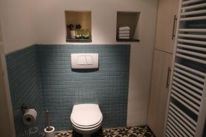 a bathroom with a toilet and a blue tiled wall at B&B Radijs in Beegden