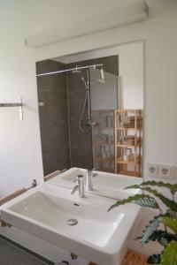 een badkamer met een witte wastafel en een spiegel bij Panorama Appartement in Strobl