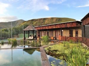 a building with a grass roof with a pond at Swallows Nest Self Catering Chalet in Rhodes