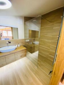 a bathroom with a glass shower and a sink at AlpinLodge Flachau in Flachau