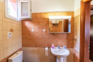 a bathroom with a sink and a toilet and a mirror at Demmy's Apartment in Potamiá +10 photos