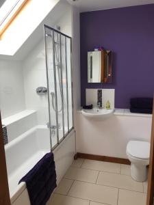 W łazience znajduje się prysznic, toaleta i umywalka. w obiekcie Balachladaich Loch Ness B&B w mieście Dores