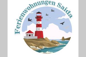 a lighthouse on a island in the ocean with birds at Ferienwohnungen Saida Wohnung 1 in Norden