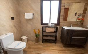 a bathroom with a toilet and a sink and a window at Hostal Casa Mercedes in Nerja