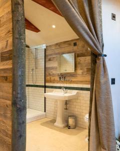 a bathroom with a sink and a shower at The Potting Shed Maidstone in Langley