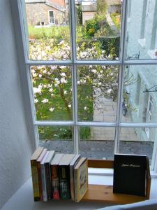 a pile of books sitting on a shelf in front of a window at 57 High Street in Kirkcudbright