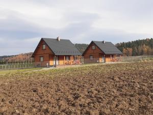 two wooden houses in a field next to a field at Sloneczny Domek in Kacwin