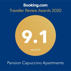 a yellow circle with the number nine and the text travelling review awards at CAPUCCINO GUEST APARTMENTS - FREE PARKING and Wi-Fi in Sunny Beach