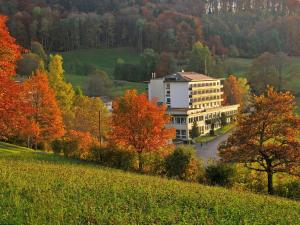 ein großes Gebäude inmitten eines Feldes mit Bäumen in der Unterkunft Hotel Bad Ramsach in Läufelfingen