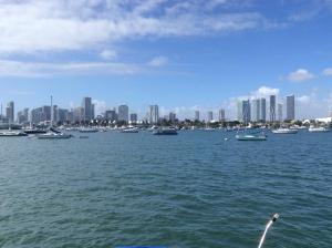 een groep boten in een grote hoeveelheid water met een stad bij Sailboat with view in Miami