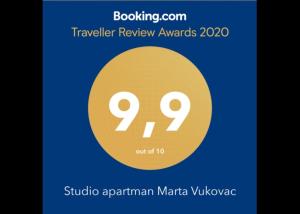 Certifikát, hodnocení, plakát nebo jiný dokument vystavený v ubytování Studio apartman Marta