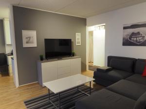salon z kanapą i telewizorem w obiekcie Apartment Oulu station II w mieście Oulu
