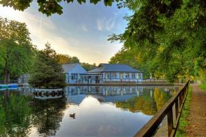 a house on a lake with ducks in the water at Trail Lodge in Ballasalla