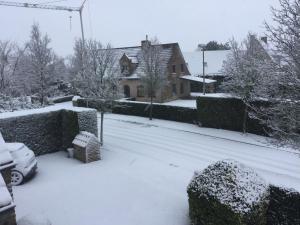 une cour recouverte de neige avec une maison dans l'établissement B&B Colombe Blanche, à Knokke-Heist