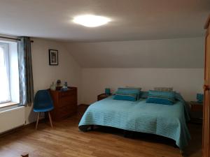 a bedroom with a bed with blue pillows and a window at GITE LES ECUREUILS in Fresse