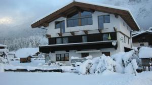 a building covered in snow with snow covered bushes at Haus Karwendelblick in Leutasch
