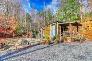 a cabin in the woods with a gravel driveway at Smoky Mountain Tiny Home in Pigeon Forge