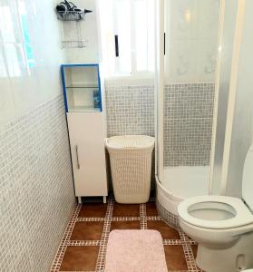 La petite salle de bains est pourvue d'une douche et de toilettes. dans l'établissement Viñamar La Mata, à La Mata