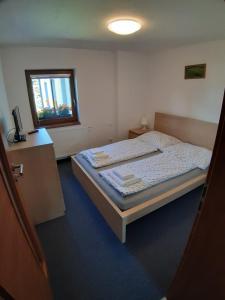 um quarto com uma cama, um espelho e uma janela em Apartmány Na náměstí em Boží Dar