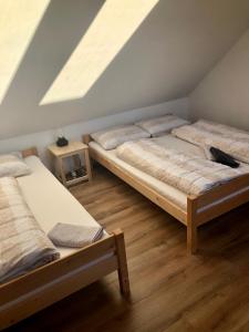 a bedroom with two beds and a skylight at Apartmán U Kapličky in Hluboká nad Vltavou