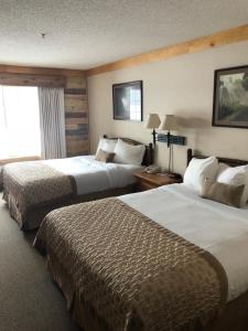 een hotelkamer met 2 bedden en een raam bij Flat Creek Lodge in Hayward