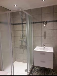 ein Bad mit einer Dusche und einem Waschbecken in der Unterkunft Gite d à moi in Hamois