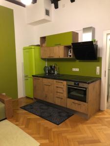 a green kitchen with a stove and a refrigerator at Appartment im Villenviertel in Jena